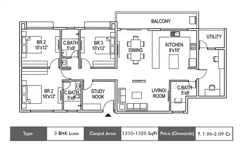 Godrej Mahalunge 3 BHK Luxe floor plan, 1310 sq ft carpet area