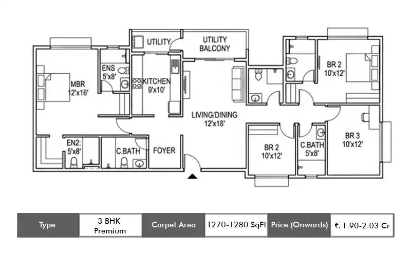 Godrej Mahalunge 3 BHK Premium floor plan, 1270 sq ft carpet area